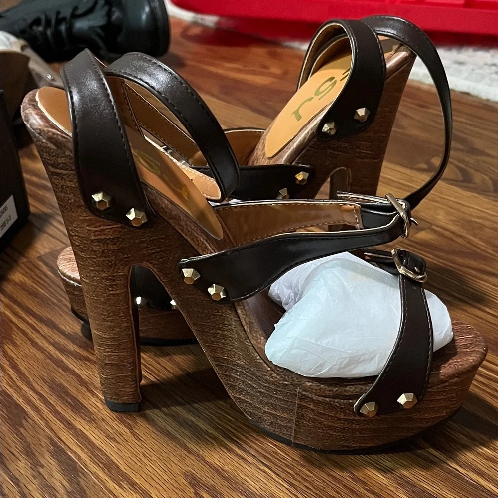 FSJ Dark Brown Studded Platform Heels 7 - Picture 3 of 7